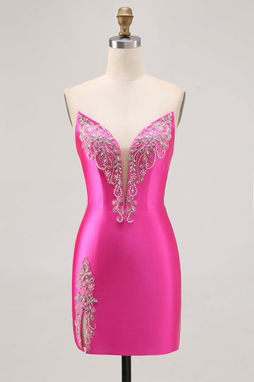 Fuchsia Strapless Beaded Bodycon Short Prom Dress with Slit